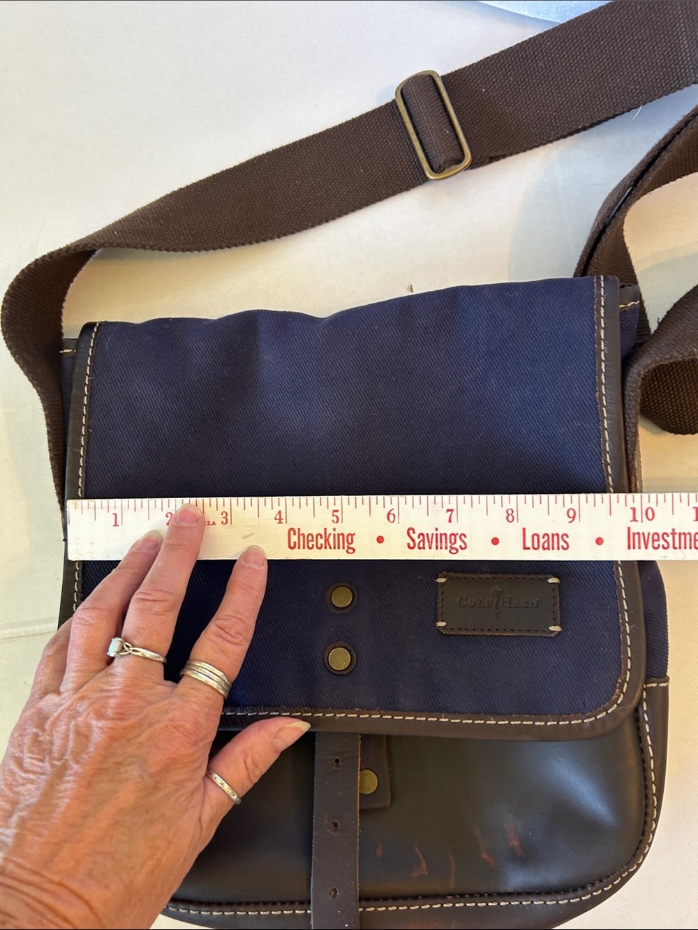 COLE HAAN BLUE CANVAS AND BROWN LEATHER  CARRY SATCHEL /MESSENGER BAG - Picture 16 of 16